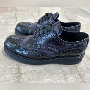 Prada Derby Oxford Loafers Women's Navy Blue Leather shoes, Size 36.5